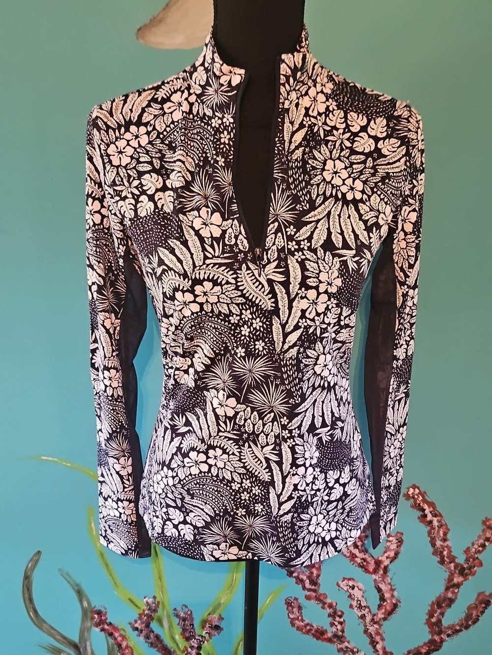 Tommy Bahama Black & White Floral Half-Zip Jacket